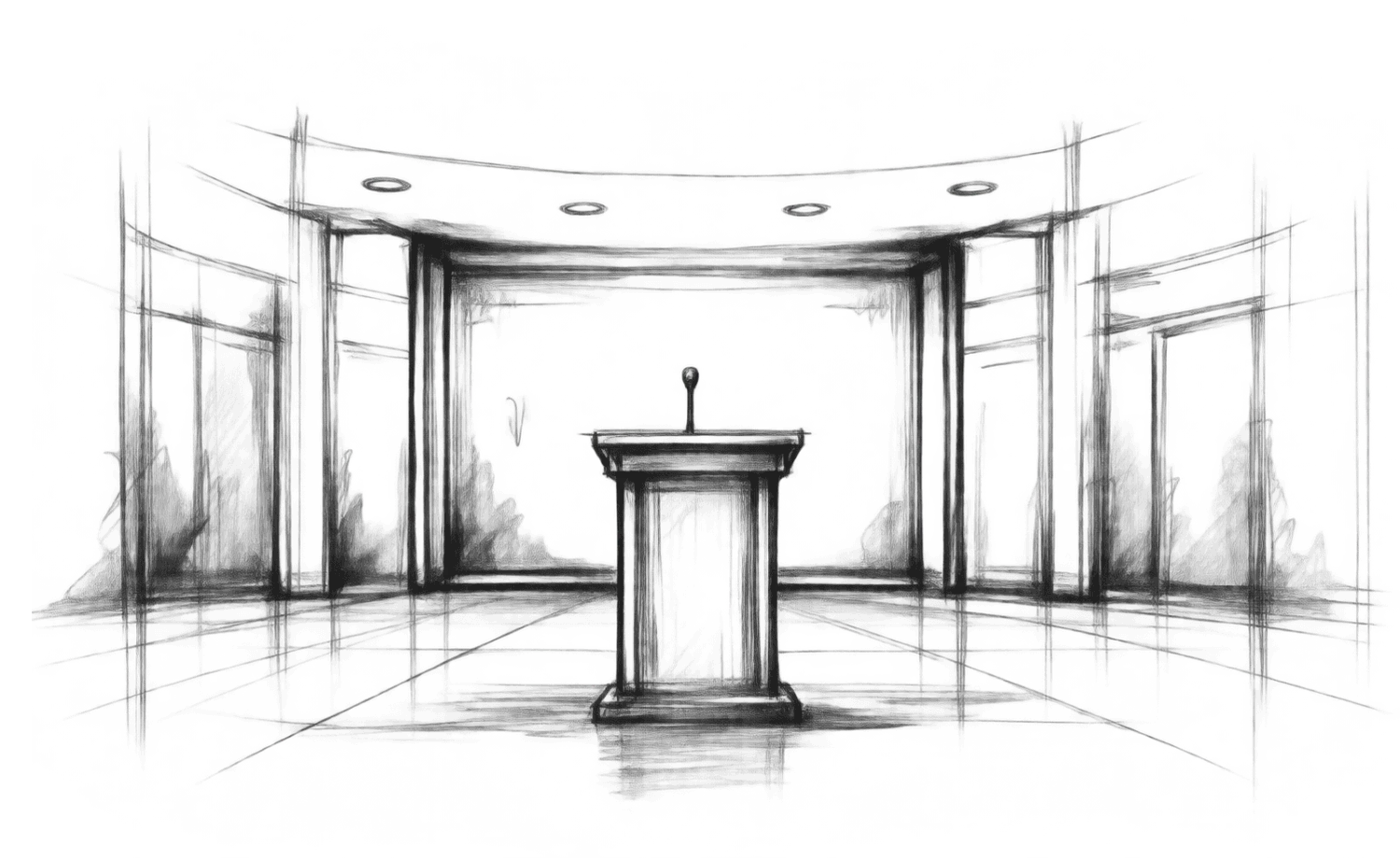 a pencil sketch of an empty hall with a podium at its center